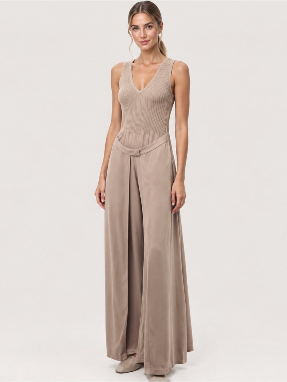 Zara Combined Wrap Pareo Wide-Leg Jumpsuit Taupe | Size M